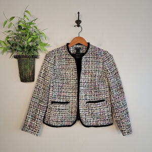 Ann Taylor Sequin Fringe Trim Cropped Tweed Black Multi Color Blazer 0 Jacket